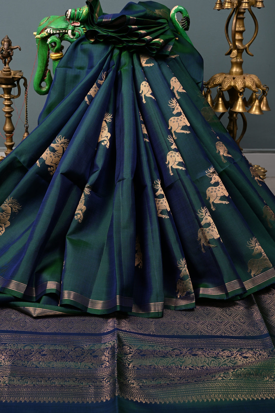 Peacock Blue-Green Dual Tone Kanjivaram Soft Silk Saree with Deer Antique Zari Buttas and Minimal Zari Border | SILK MARK CERTIFIED | SHOBITAM
