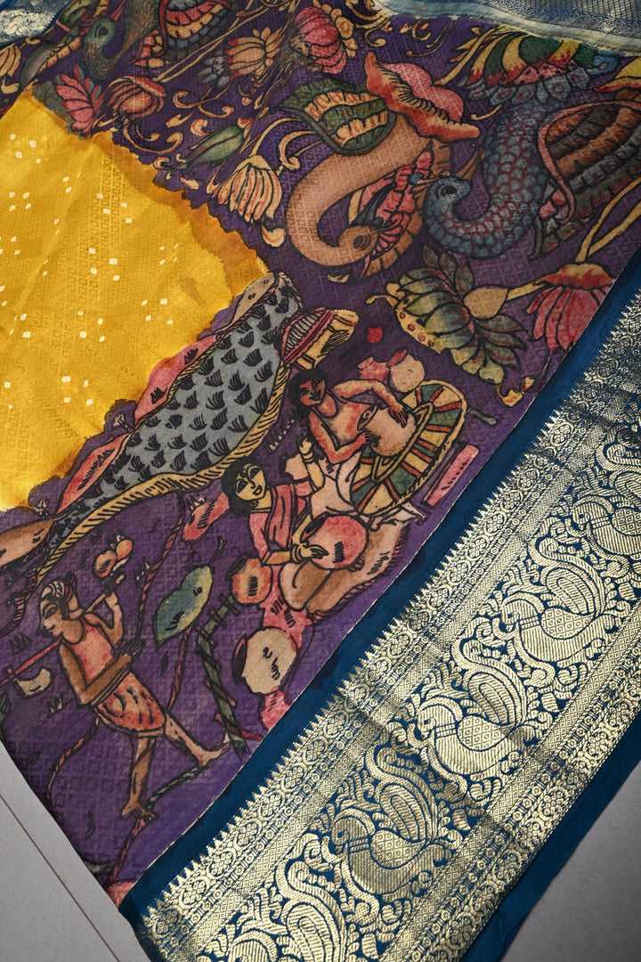 Mustard Yellow Self Brocade-Bandhni Design on Pure Kanjivaram Silk Jugalbandi Saree with Pen Kalamkari Panel and Contrast Zari Border | SILK MARK CERTIFIED | SHOBITAM