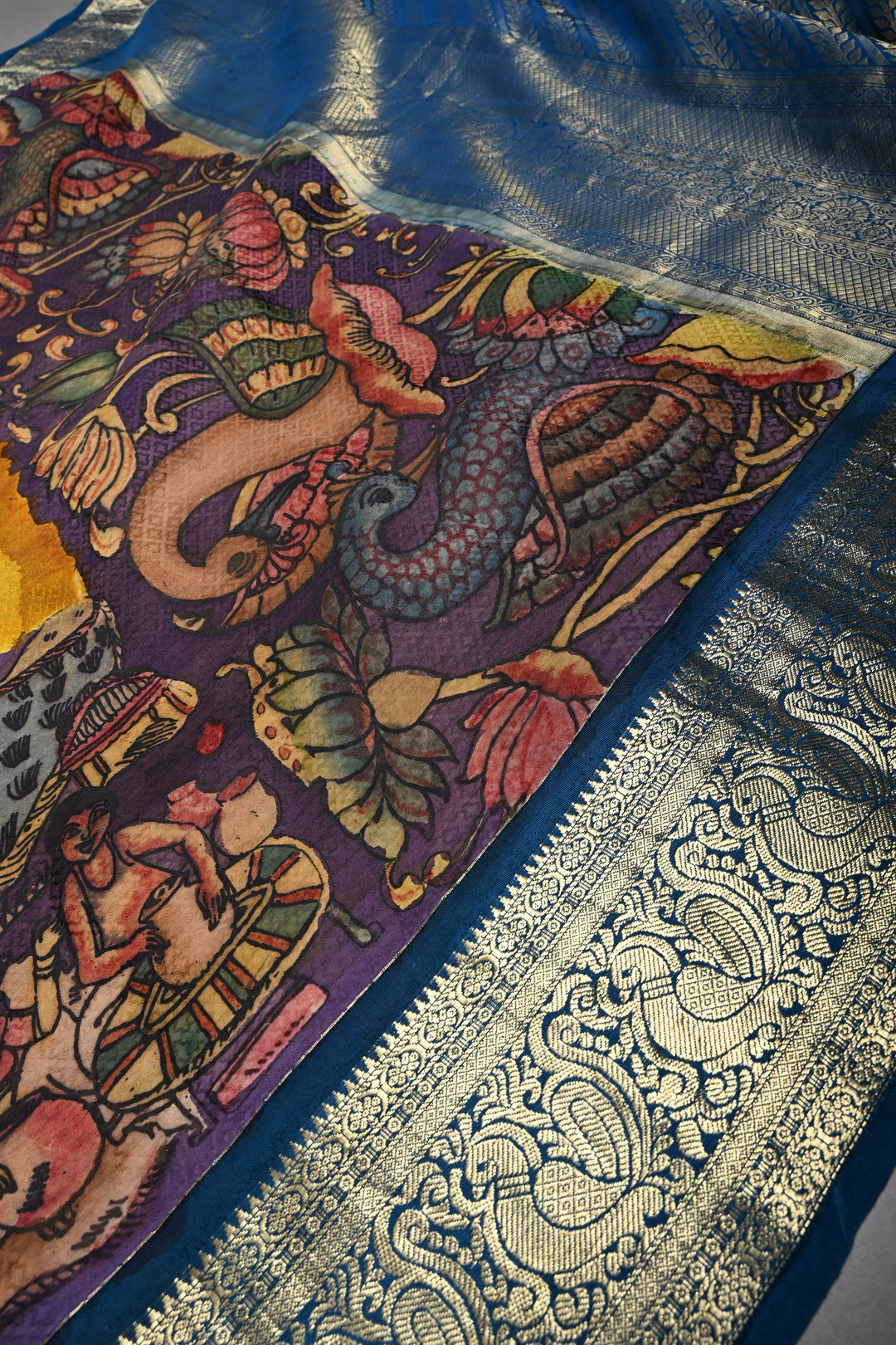 Mustard Yellow Self Brocade-Bandhni Design on Pure Kanjivaram Silk Jugalbandi Saree with Pen Kalamkari Panel and Contrast Zari Border | SILK MARK CERTIFIED | SHOBITAM