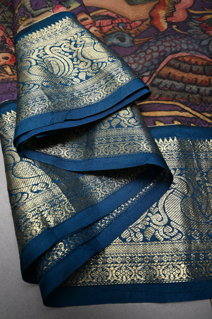 Mustard Yellow Self Brocade-Bandhni Design on Pure Kanjivaram Silk Jugalbandi Saree with Pen Kalamkari Panel and Contrast Zari Border | SILK MARK CERTIFIED | SHOBITAM