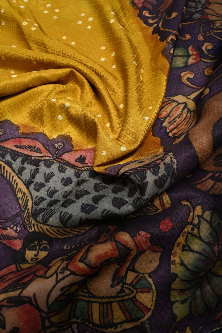Mustard Yellow Self Brocade-Bandhni Design on Pure Kanjivaram Silk Jugalbandi Saree with Pen Kalamkari Panel and Contrast Zari Border | SILK MARK CERTIFIED | SHOBITAM