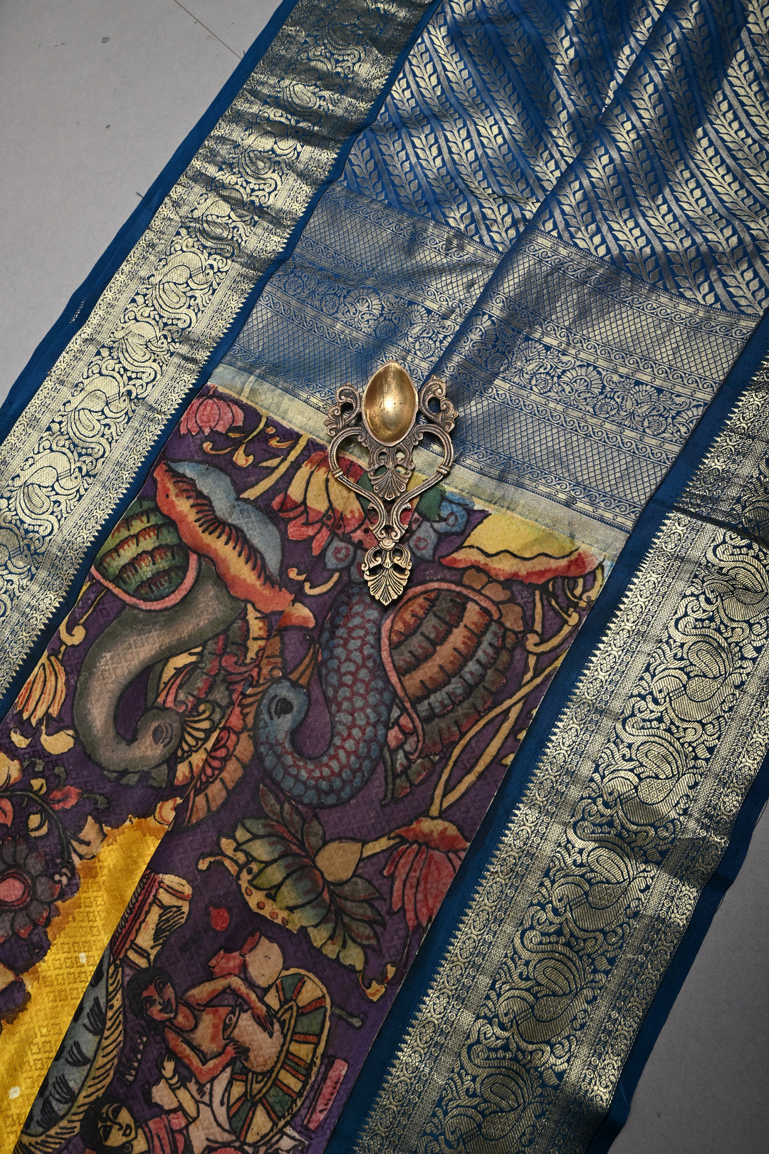 Mustard Yellow Self Brocade-Bandhni Design on Pure Kanjivaram Silk Jugalbandi Saree with Pen Kalamkari Panel and Contrast Zari Border | SILK MARK CERTIFIED | SHOBITAM