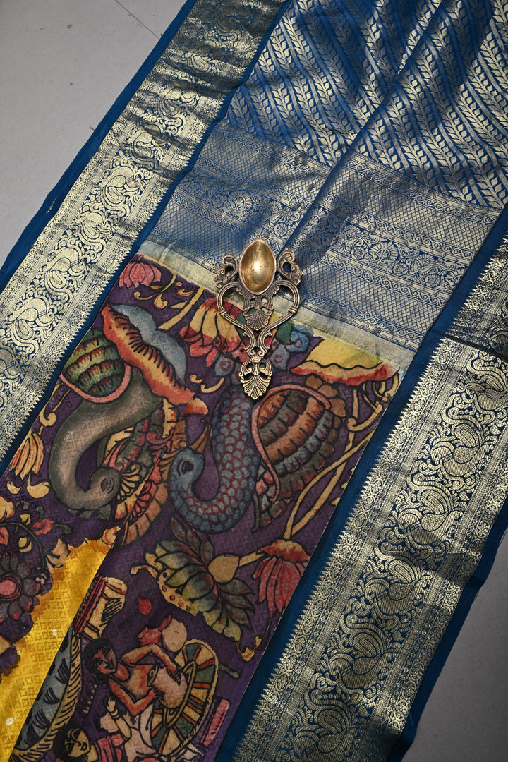 Mustard Yellow Self Brocade-Bandhni Design on Pure Kanjivaram Silk Jugalbandi Saree with Pen Kalamkari Panel and Contrast Zari Border | SILK MARK CERTIFIED | SHOBITAM