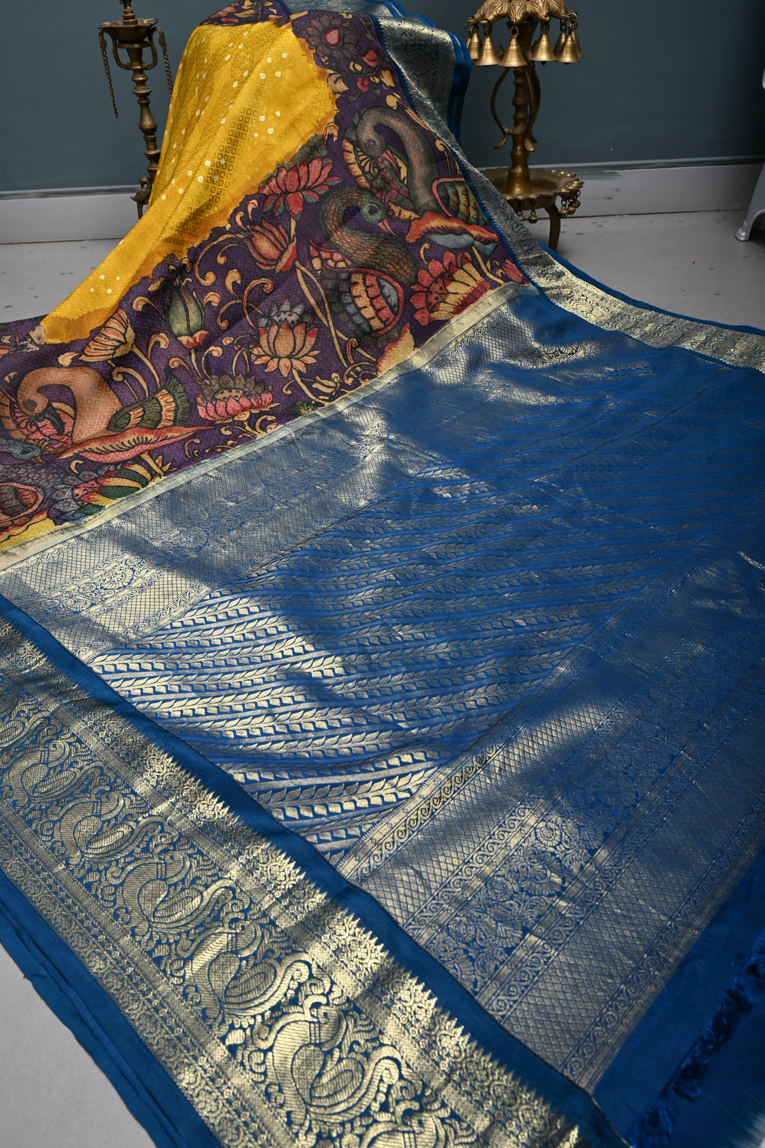 Mustard Yellow Self Brocade-Bandhni Design on Pure Kanjivaram Silk Jugalbandi Saree with Pen Kalamkari Panel and Contrast Zari Border | SILK MARK CERTIFIED | SHOBITAM