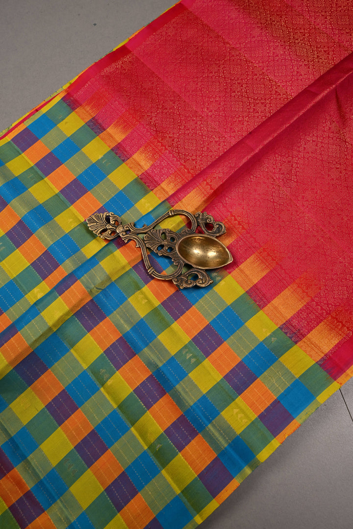 Multicolor Pallum Pazhamum Kanjivaram Soft Silk Saree with Zari Stripes and Muted Zari Buttas | SILK MARK CERTIFIED | SHOBITAM
