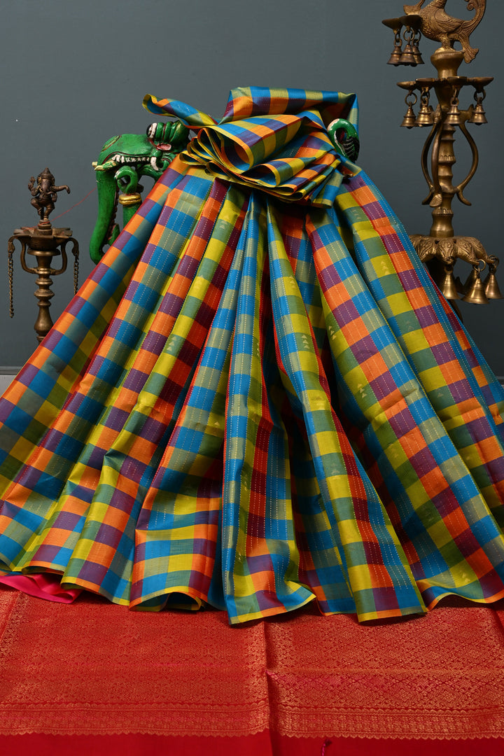 Multicolor Pallum Pazhamum Kanjivaram Soft Silk Saree with Zari Stripes and Muted Zari Buttas | SILK MARK CERTIFIED | SHOBITAM