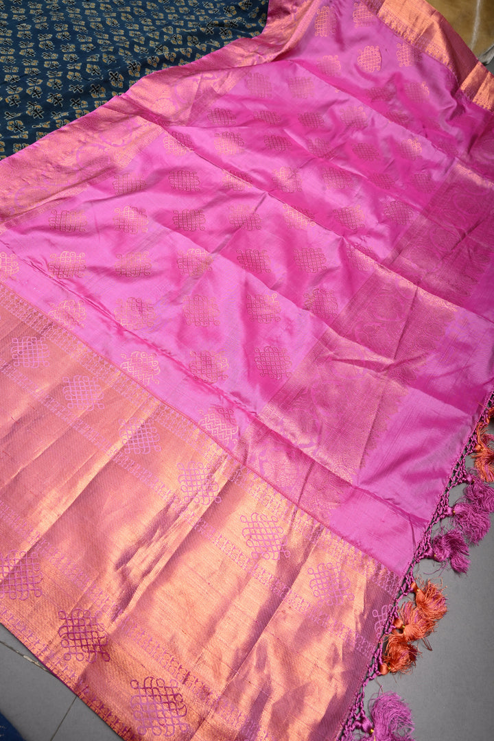 Exquisite Peacock Blue Georgette Ajrakh Hand Block Print Fusion Saree with Contrast Pure Silk Kanjivaram Rangoli Zari Border and Pallu | SHOBITAM