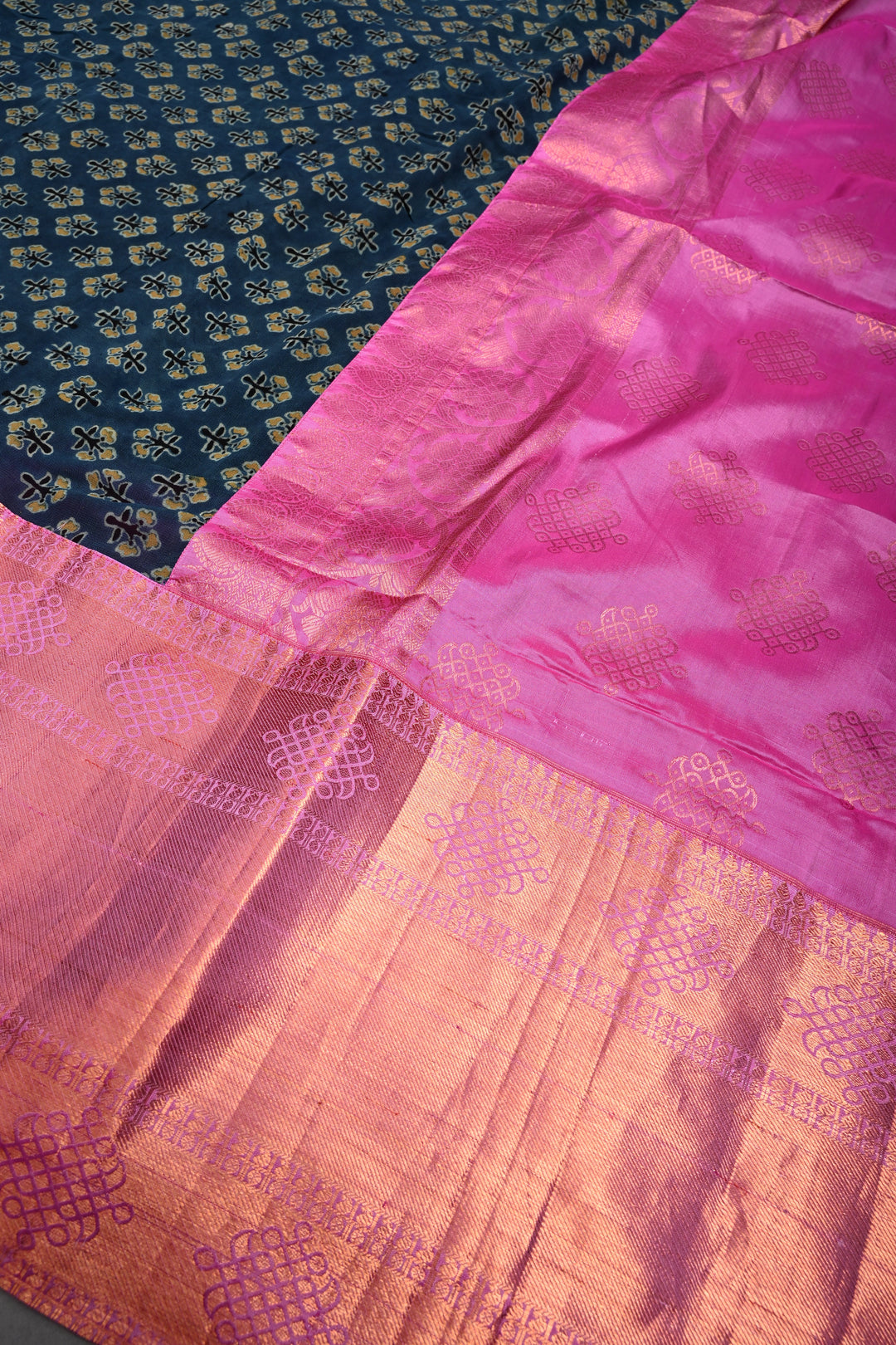 Exquisite Peacock Blue Georgette Ajrakh Hand Block Print Fusion Saree with Contrast Pure Silk Kanjivaram Rangoli Zari Border and Pallu | SHOBITAM