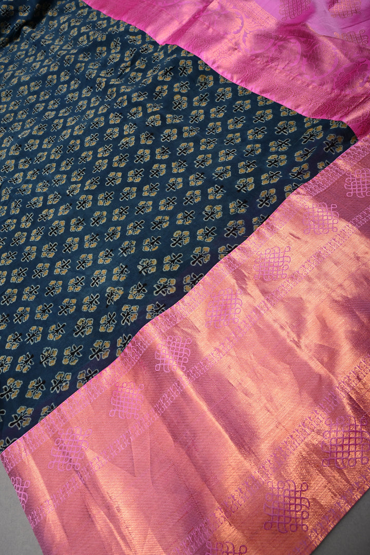 Exquisite Peacock Blue Georgette Ajrakh Hand Block Print Fusion Saree with Contrast Pure Silk Kanjivaram Rangoli Zari Border and Pallu | SHOBITAM
