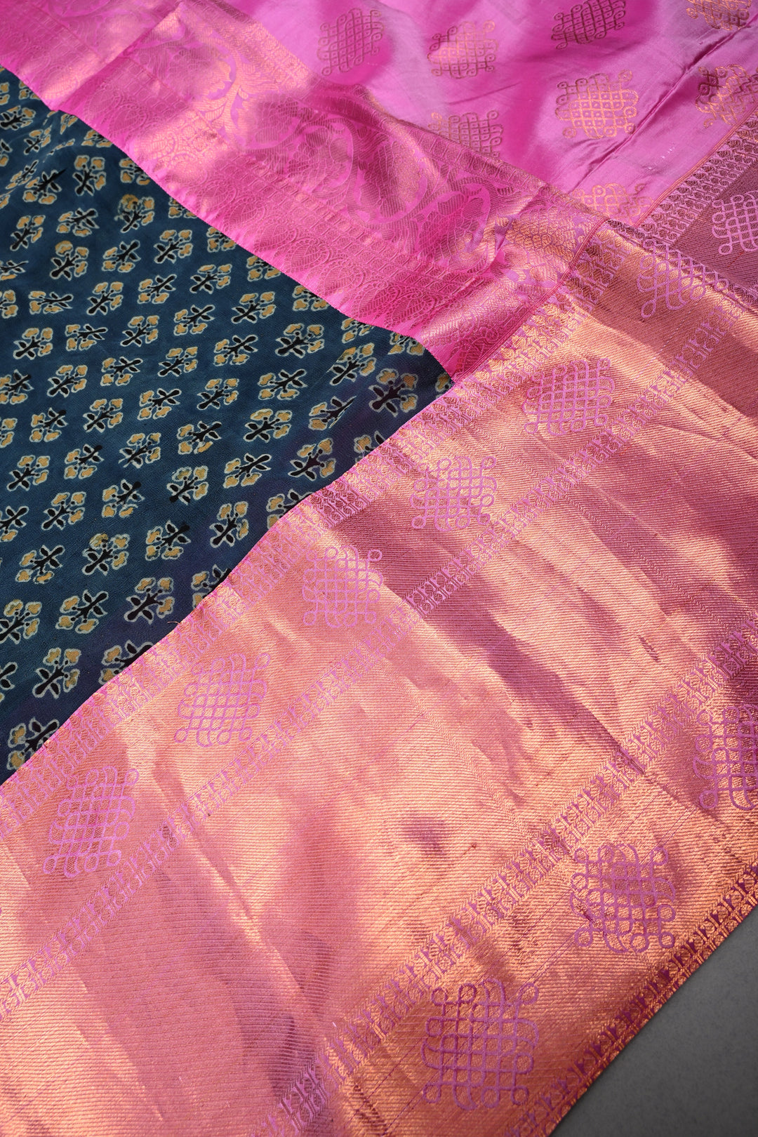 Exquisite Peacock Blue Georgette Ajrakh Hand Block Print Fusion Saree with Contrast Pure Silk Kanjivaram Rangoli Zari Border and Pallu | SHOBITAM