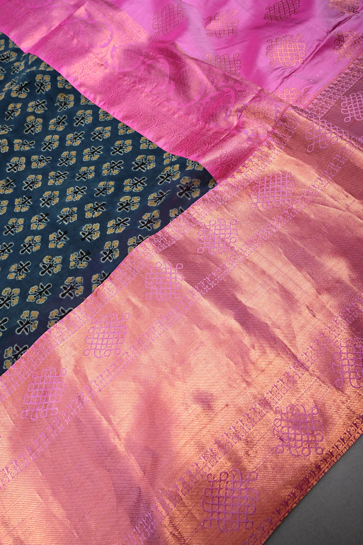 Exquisite Peacock Blue Georgette Ajrakh Hand Block Print Fusion Saree with Contrast Pure Silk Kanjivaram Rangoli Zari Border and Pallu | SHOBITAM
