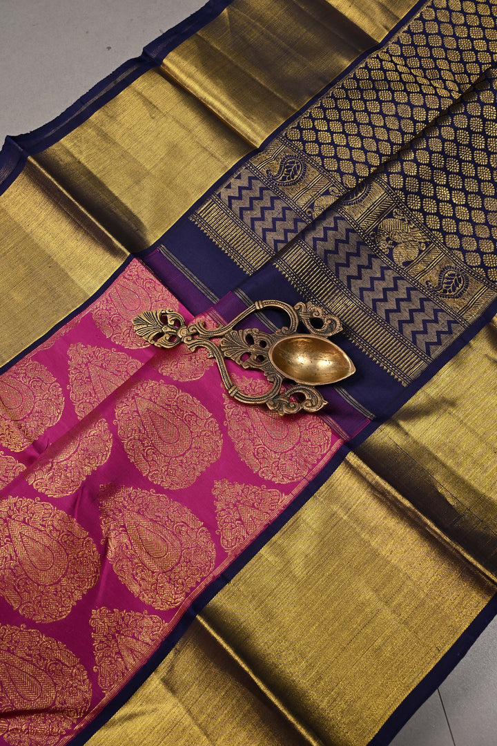 Magenta Pure Kanjivaram Silk Saree with Zari Brocade and Contrast Zari Border | SILK MARK CERTIFIED | SHOBITAM