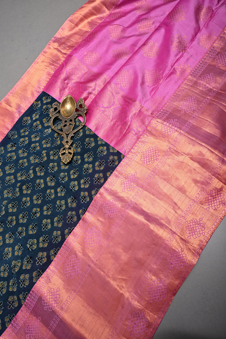 Exquisite Peacock Blue Georgette Ajrakh Hand Block Print Fusion Saree with Contrast Pure Silk Kanjivaram Rangoli Zari Border and Pallu | SHOBITAM