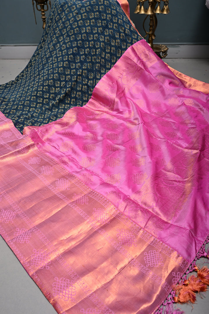 Exquisite Peacock Blue Georgette Ajrakh Hand Block Print Fusion Saree with Contrast Pure Silk Kanjivaram Rangoli Zari Border and Pallu | SHOBITAM