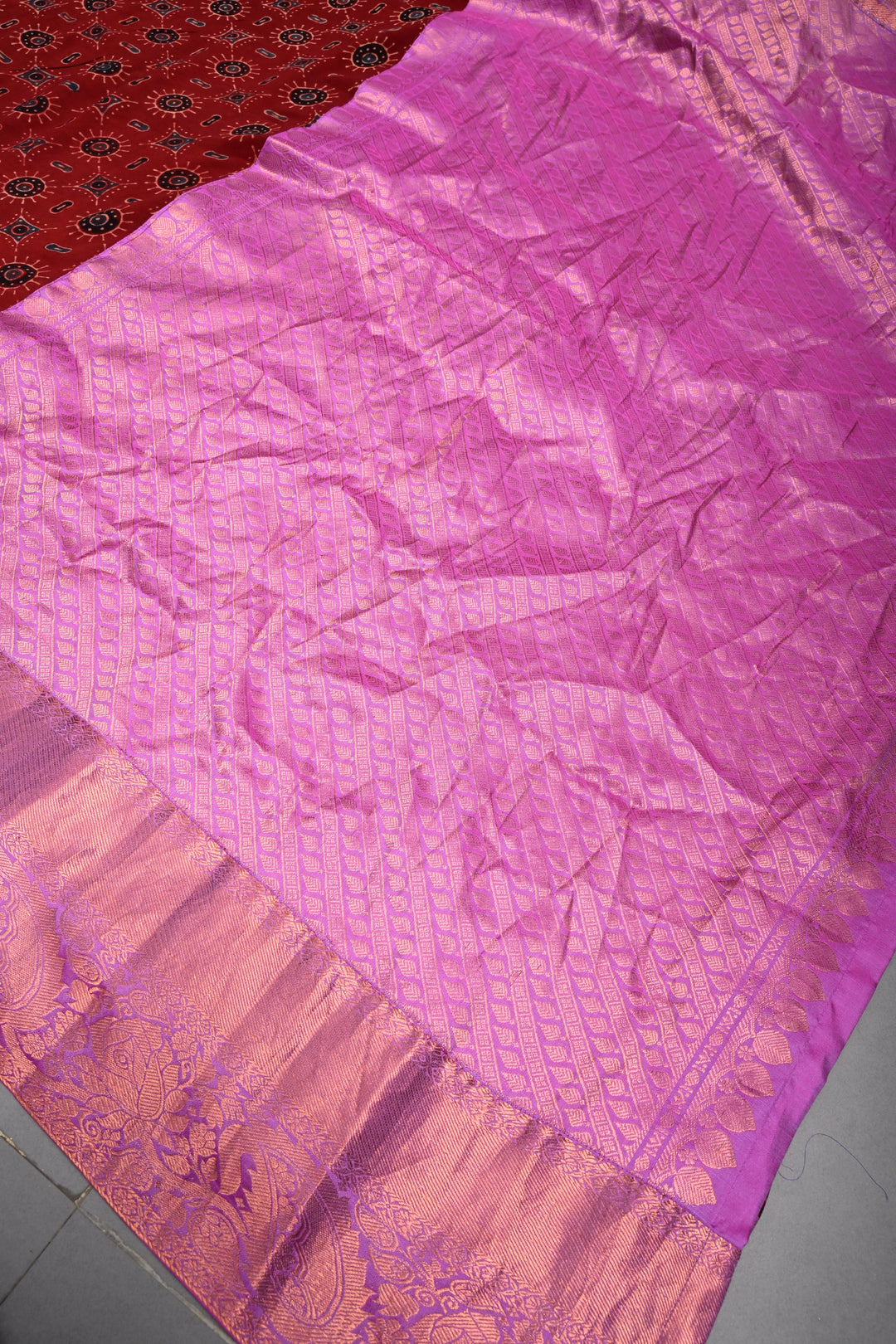 Brick Red Georgette Ajrakh Hand Block Print Fusion Saree with Contrast Pure Silk Kanchi Border and Pallu | SHOBITAM