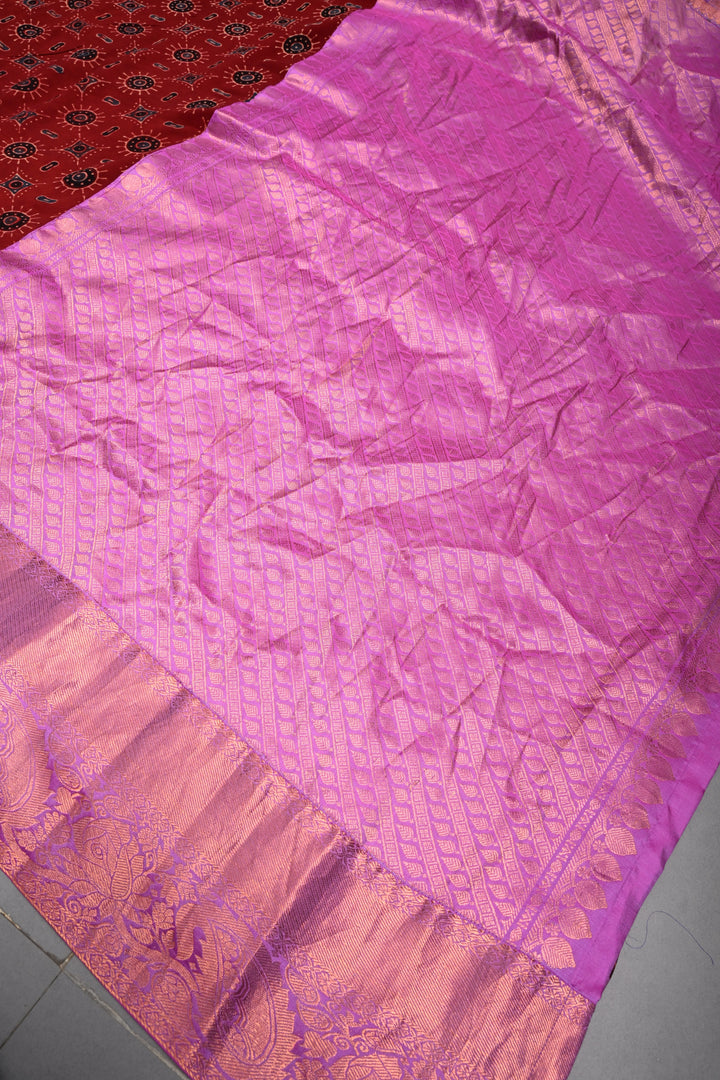Brick Red Georgette Ajrakh Hand Block Print Fusion Saree with Contrast Pure Silk Kanchi Border and Pallu | SHOBITAM