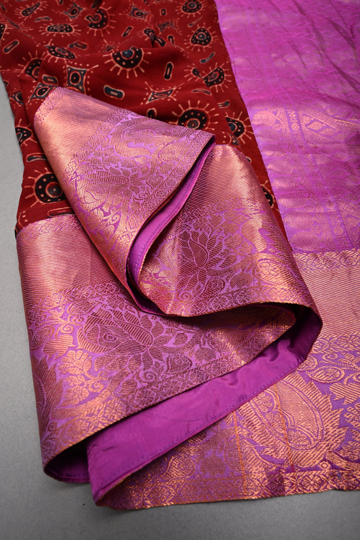 Brick Red Georgette Ajrakh Hand Block Print Fusion Saree with Contrast Pure Silk Kanchi Border and Pallu | SHOBITAM