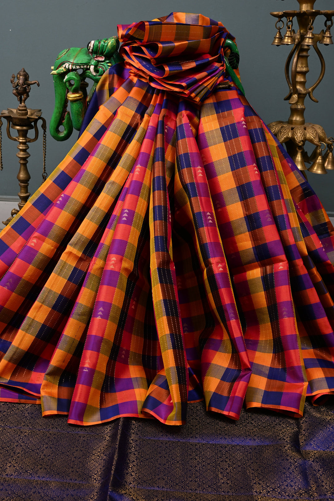 Multicolor Pallum Pazhamum Kanjivaram Soft Silk Saree with Zari Stripes and Muted Zari Buttas | SILK MARK CERTIFIED | SHOBITAM