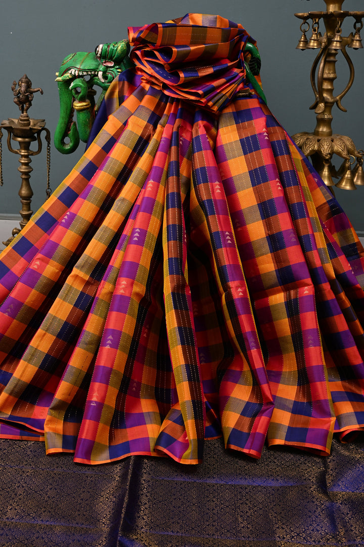 Multicolor Pallum Pazhamum Kanjivaram Soft Silk Saree with Zari Stripes and Muted Zari Buttas | SILK MARK CERTIFIED | SHOBITAM