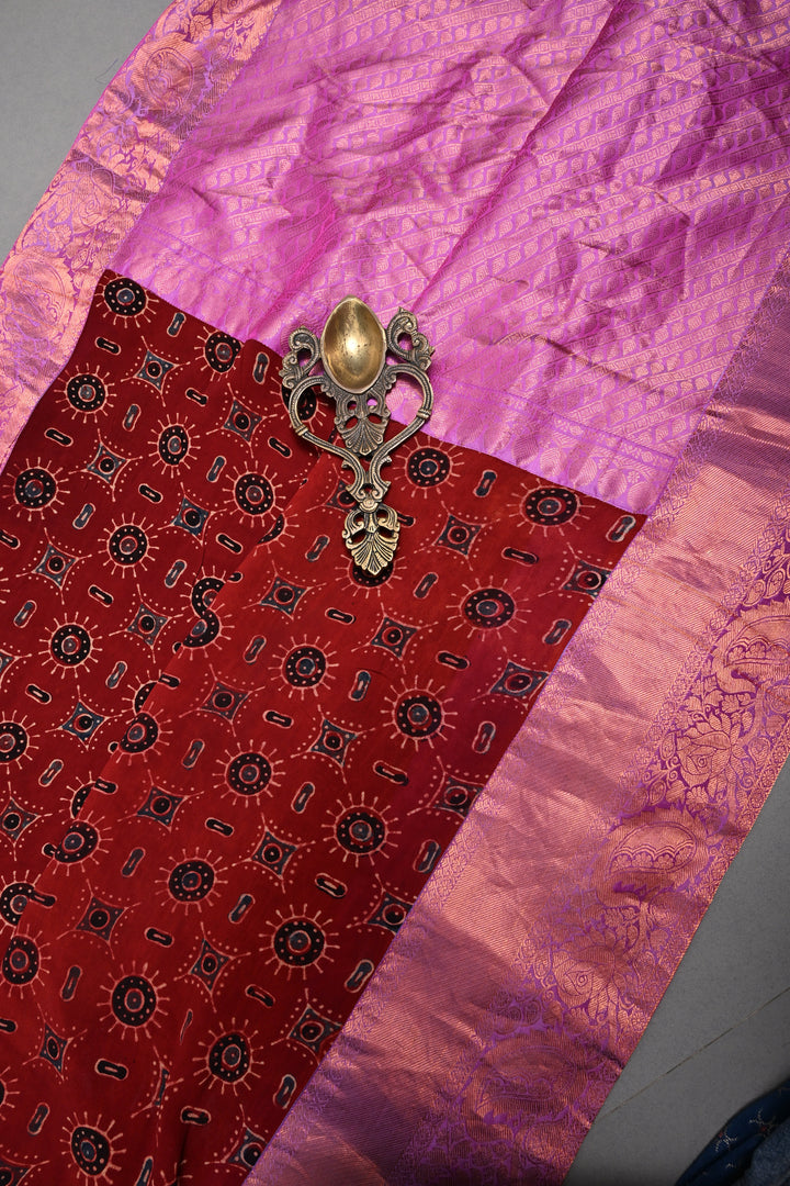 Brick Red Georgette Ajrakh Hand Block Print Fusion Saree with Contrast Pure Silk Kanchi Border and Pallu | SHOBITAM