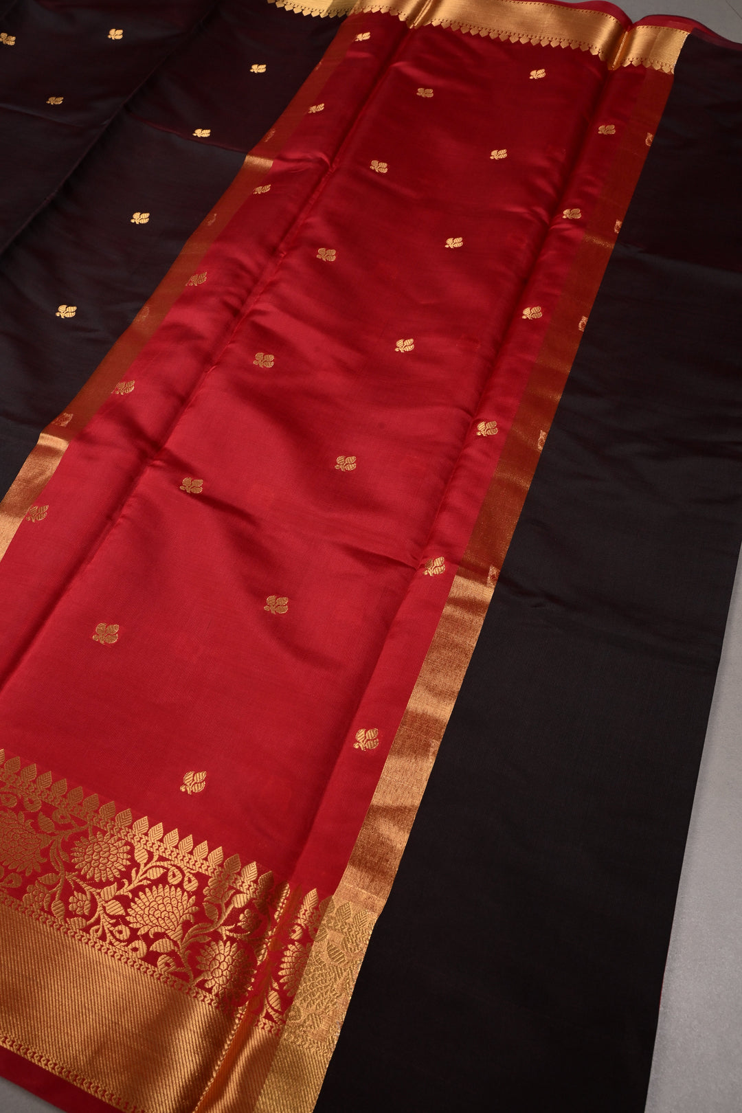 Garnet Kanjivaram Soft Semi Silk Saree with Zari Buttas and Zari Border | SHOBITAM
