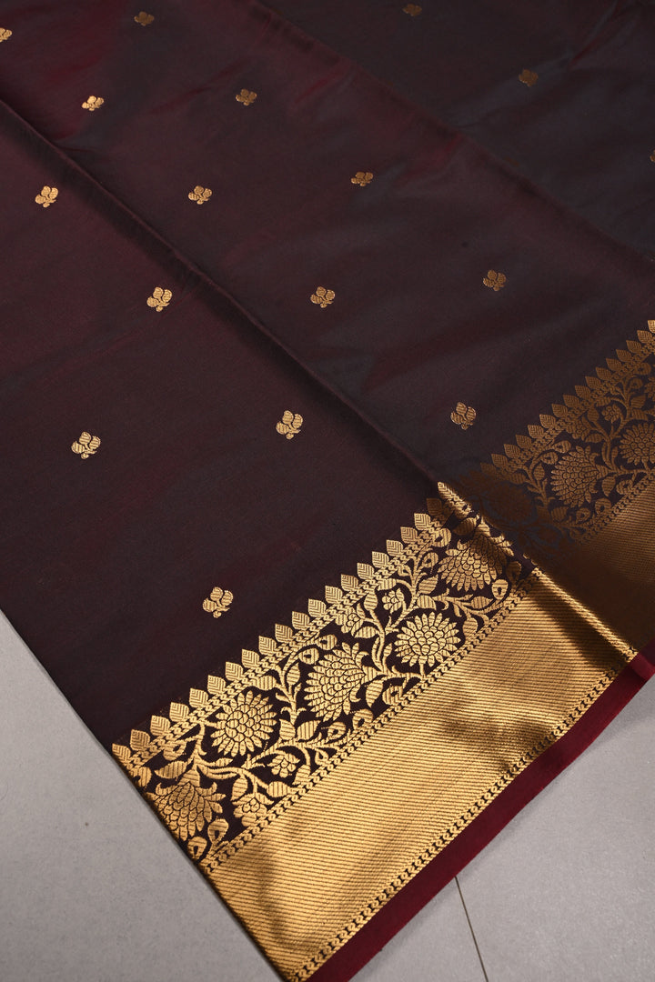 Garnet Kanjivaram Soft Semi Silk Saree with Zari Buttas and Zari Border | SHOBITAM