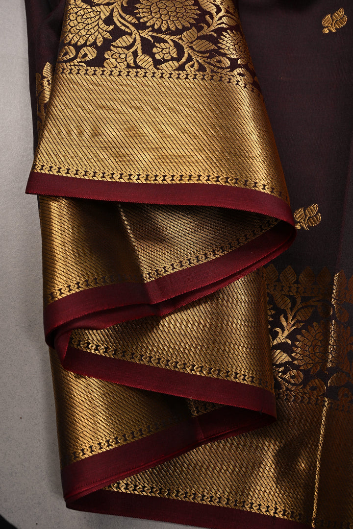 Garnet Kanjivaram Soft Semi Silk Saree with Zari Buttas and Zari Border | SHOBITAM