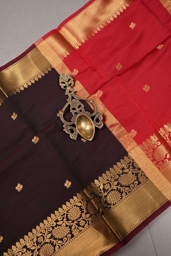 Garnet Kanjivaram Soft Semi Silk Saree with Zari Buttas and Zari Border | SHOBITAM