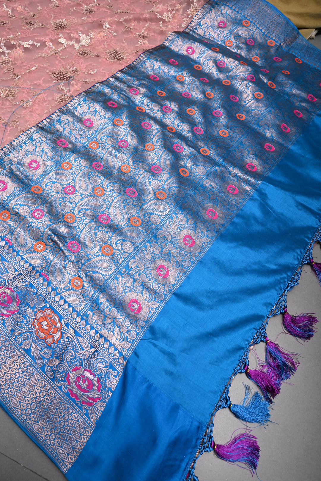 Rose Pink Sequin Embellished on Net Fusion Saree with Banarasi Pure Silk Meenakari Zari Border and Pallu | SHOBITAM