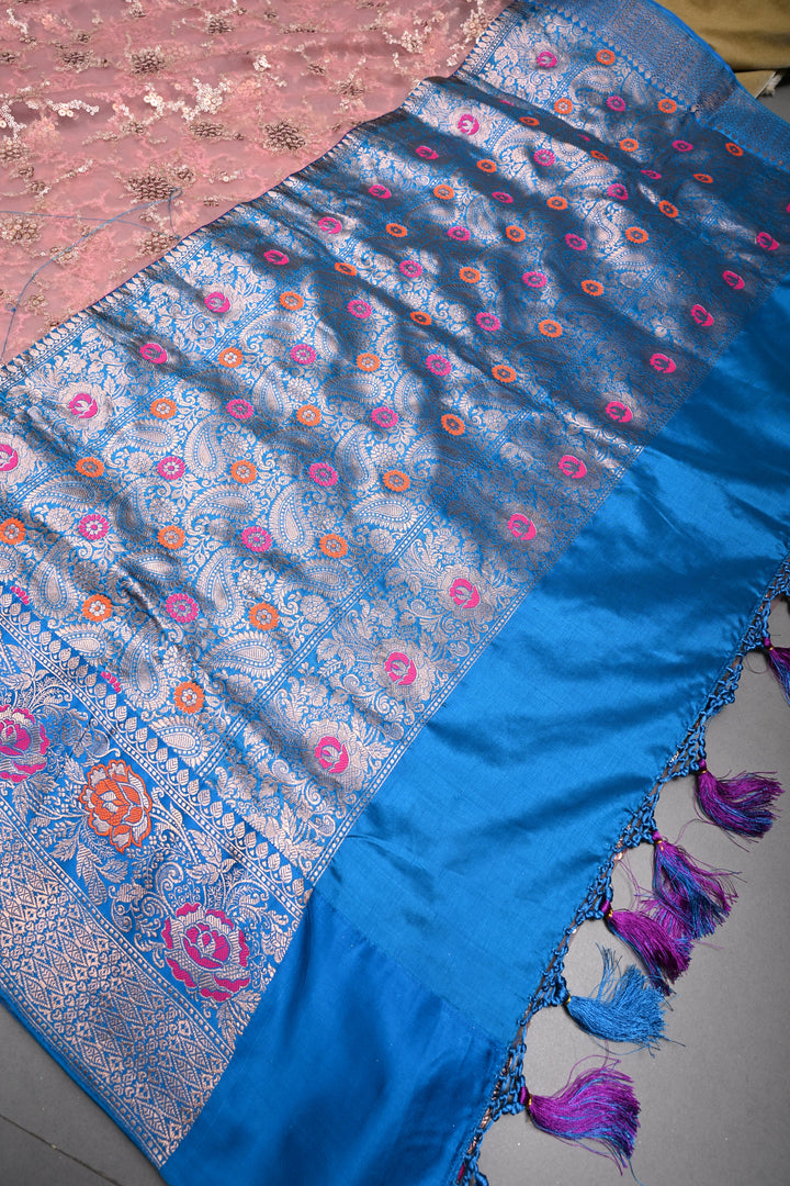 Rose Pink Sequin Embellished on Net Fusion Saree with Banarasi Pure Silk Meenakari Zari Border and Pallu | SHOBITAM