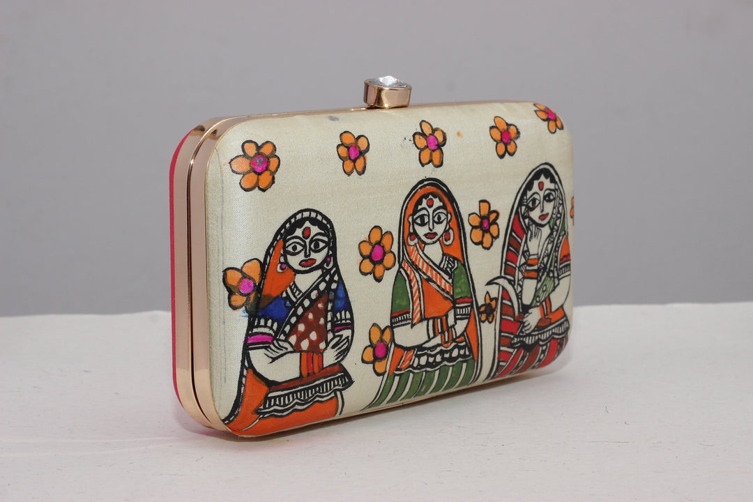Clutch : Off White Madhubani Handpainted Clutch