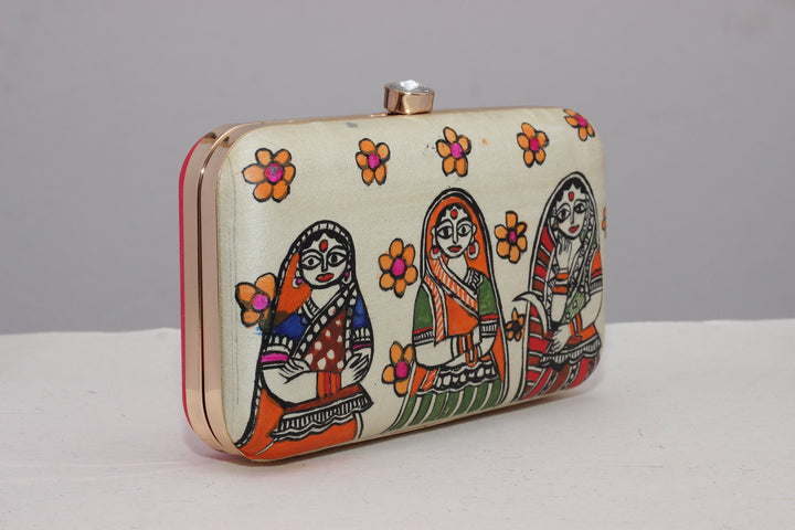 Clutch : Off White Madhubani Handpainted Clutch