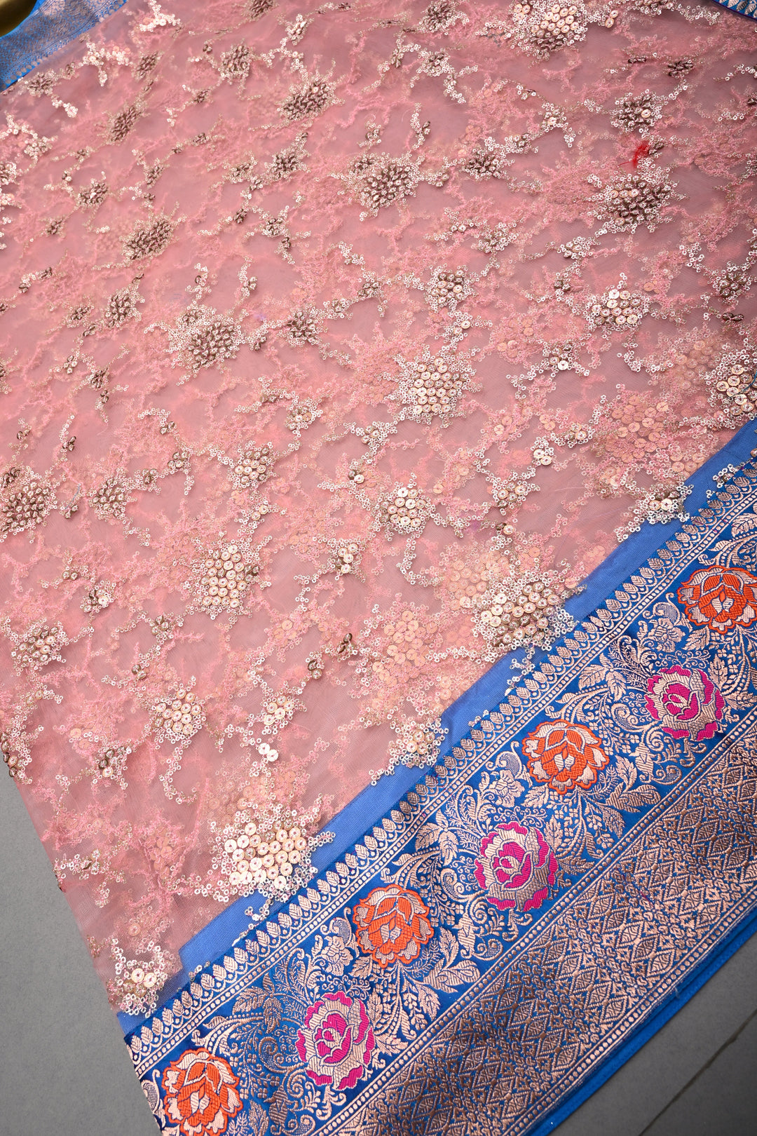 Rose Pink Sequin Embellished on Net Fusion Saree with Banarasi Pure Silk Meenakari Zari Border and Pallu | SHOBITAM