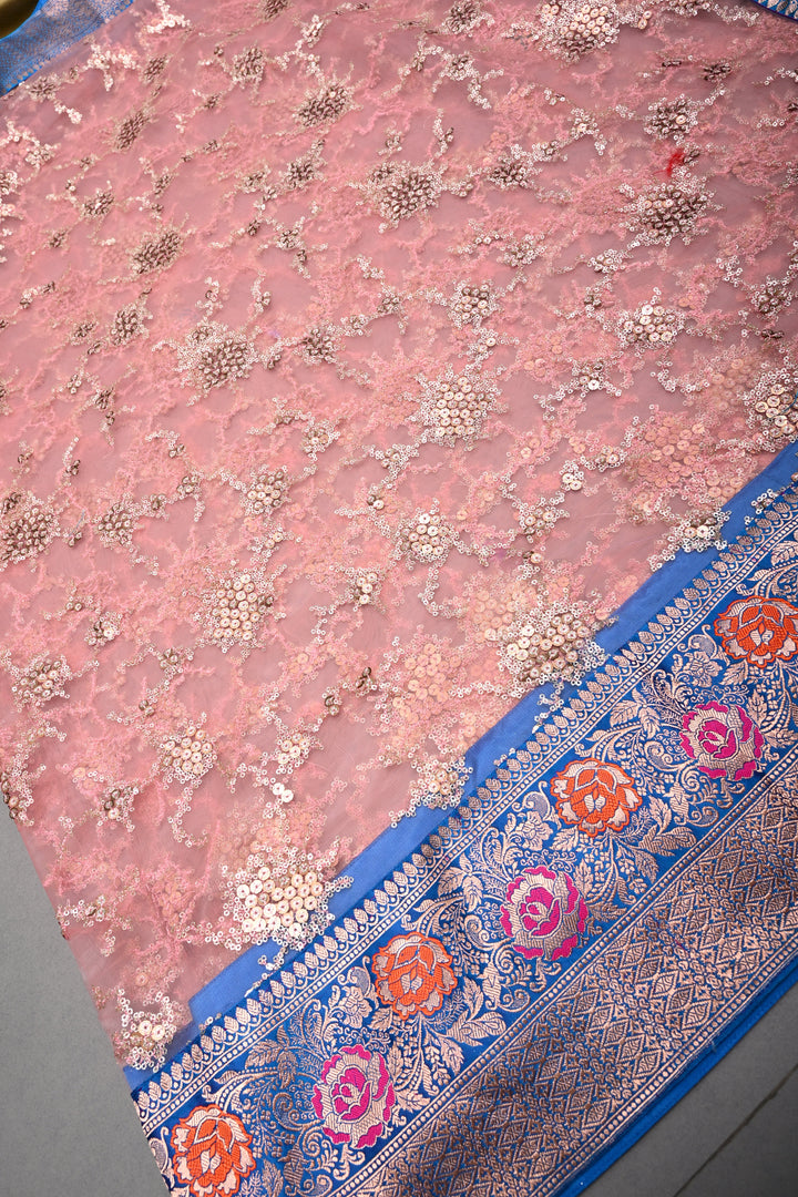 Rose Pink Sequin Embellished on Net Fusion Saree with Banarasi Pure Silk Meenakari Zari Border and Pallu | SHOBITAM