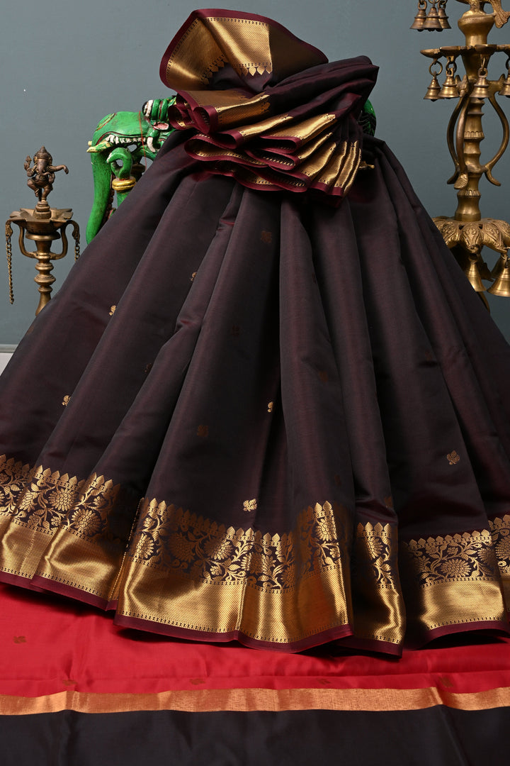 Garnet Kanjivaram Soft Semi Silk Saree with Zari Buttas and Zari Border | SHOBITAM