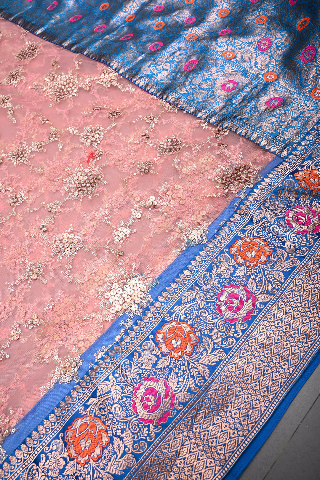 Rose Pink Sequin Embellished on Net Fusion Saree with Banarasi Pure Silk Meenakari Zari Border and Pallu | SHOBITAM