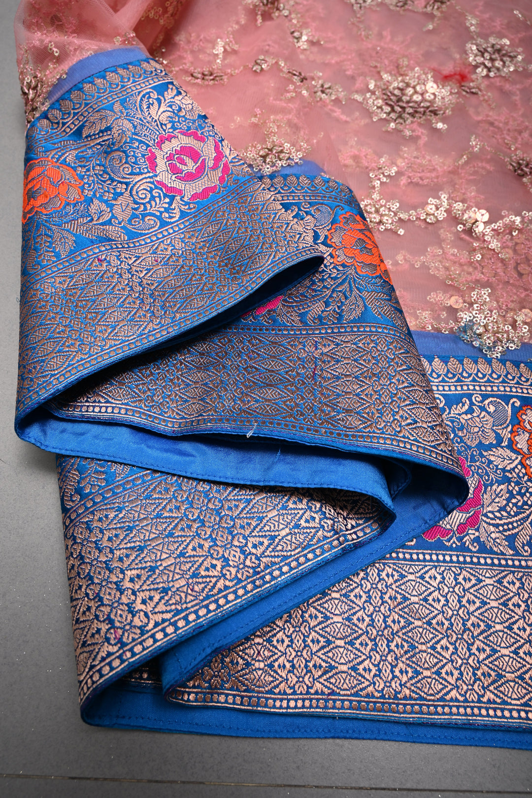Rose Pink Sequin Embellished on Net Fusion Saree with Banarasi Pure Silk Meenakari Zari Border and Pallu | SHOBITAM