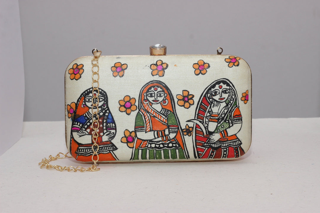 Clutch : Off White Madhubani Handpainted Clutch