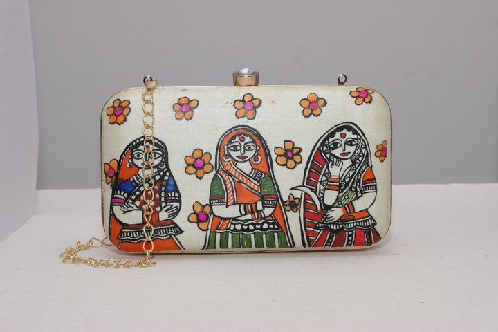 Clutch : Off White Madhubani Handpainted Clutch
