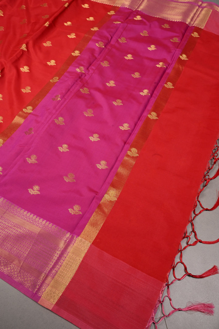 Red Kanjivaram Soft Semi Silk Saree with Zari Buttas and Zari Border | SHOBITAM