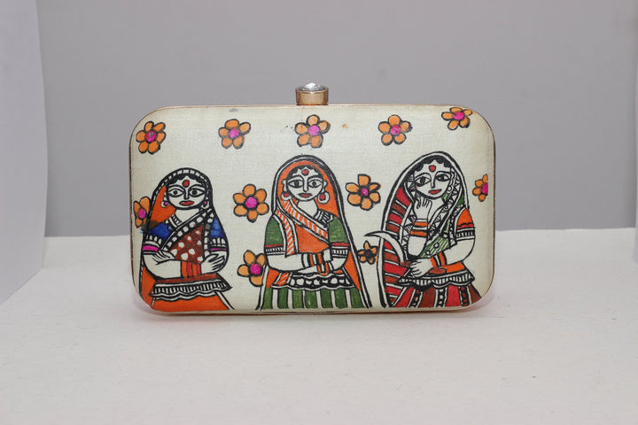 Clutch : Off White Madhubani Handpainted Clutch