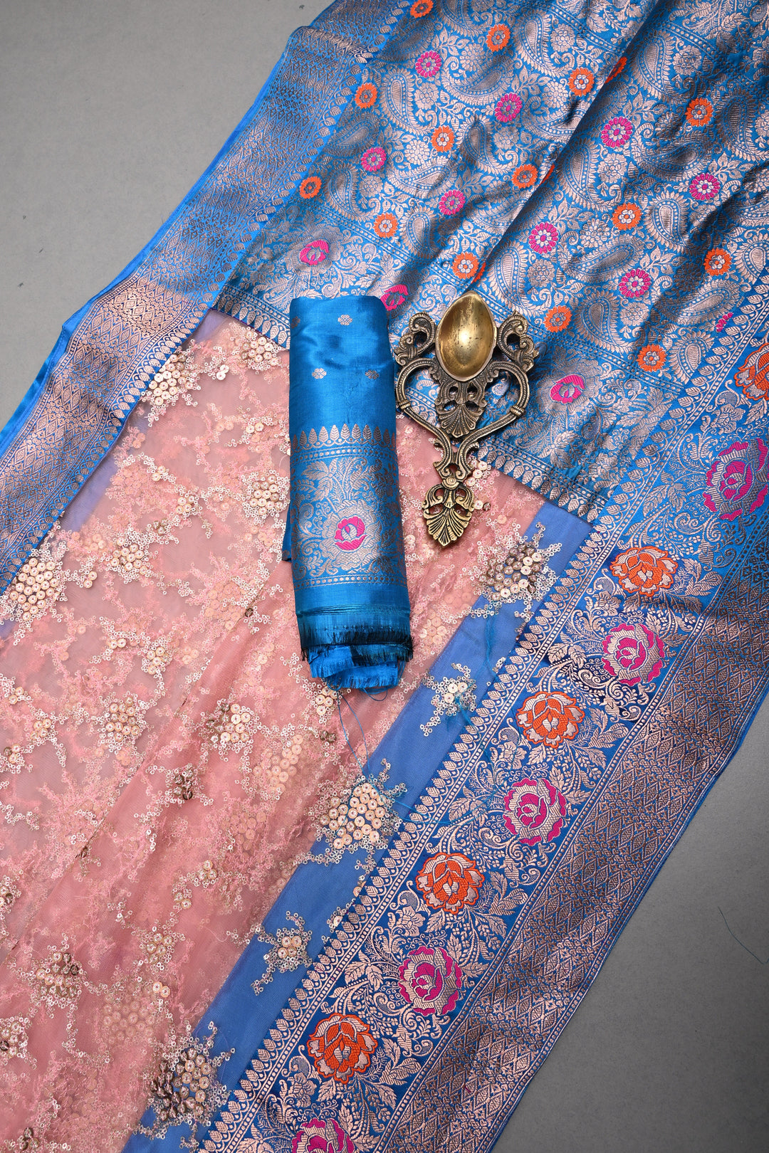 Rose Pink Sequin Embellished on Net Fusion Saree with Banarasi Pure Silk Meenakari Zari Border and Pallu | SHOBITAM