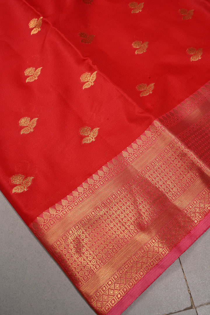 Red Kanjivaram Soft Semi Silk Saree with Zari Buttas and Zari Border | SHOBITAM
