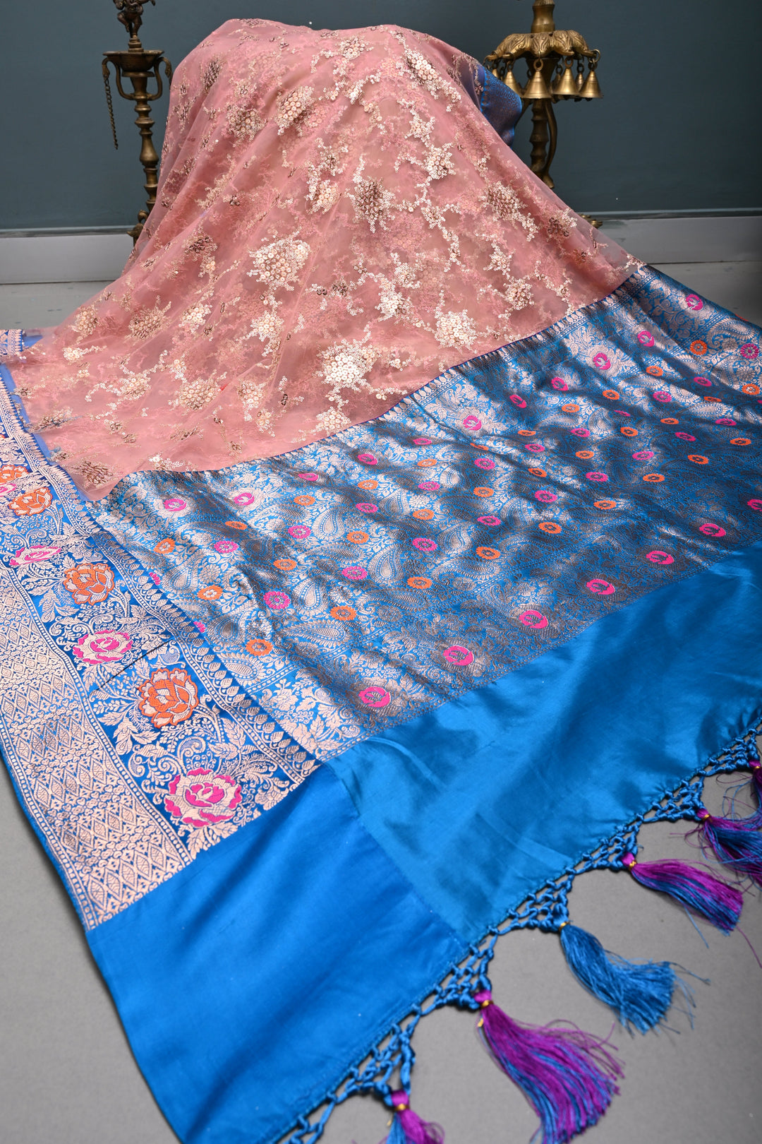 Rose Pink Sequin Embellished on Net Fusion Saree with Banarasi Pure Silk Meenakari Zari Border and Pallu | SHOBITAM