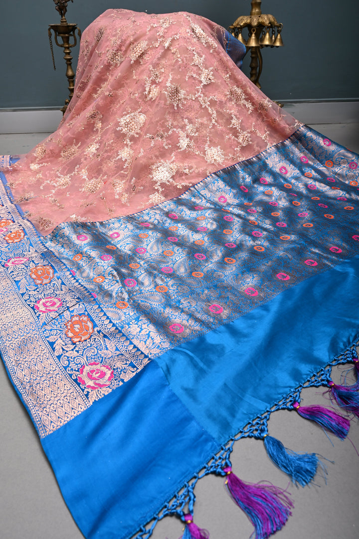 Rose Pink Sequin Embellished on Net Fusion Saree with Banarasi Pure Silk Meenakari Zari Border and Pallu | SHOBITAM