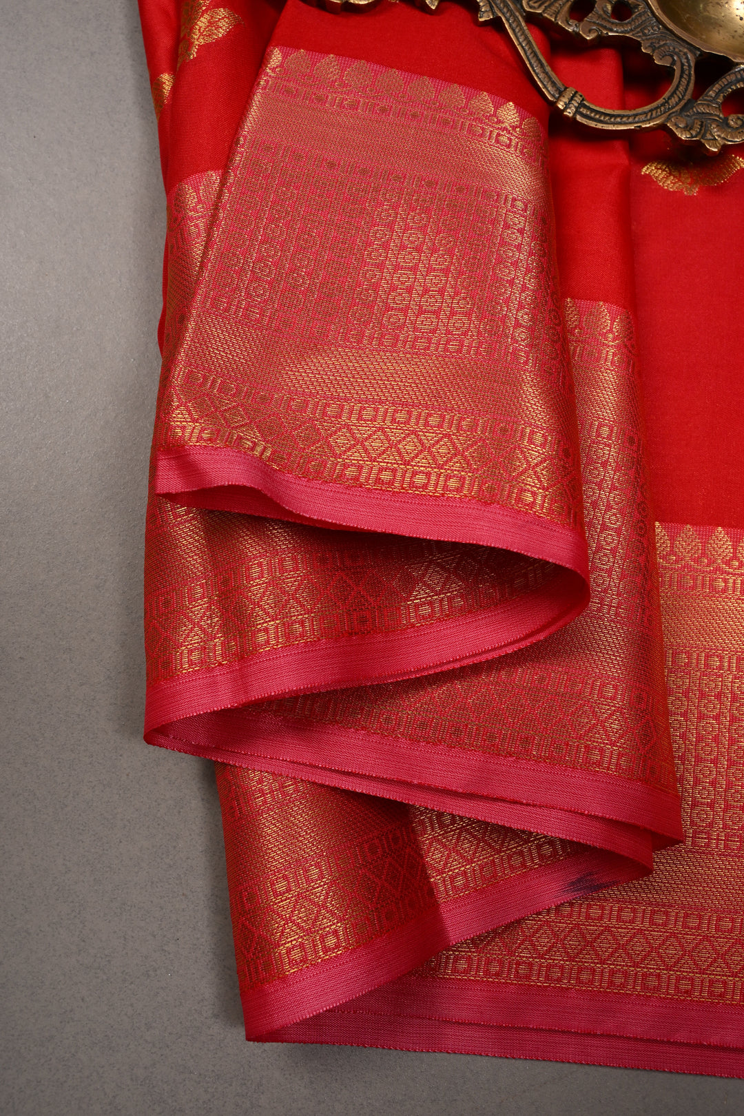 Red Kanjivaram Soft Semi Silk Saree with Zari Buttas and Zari Border | SHOBITAM