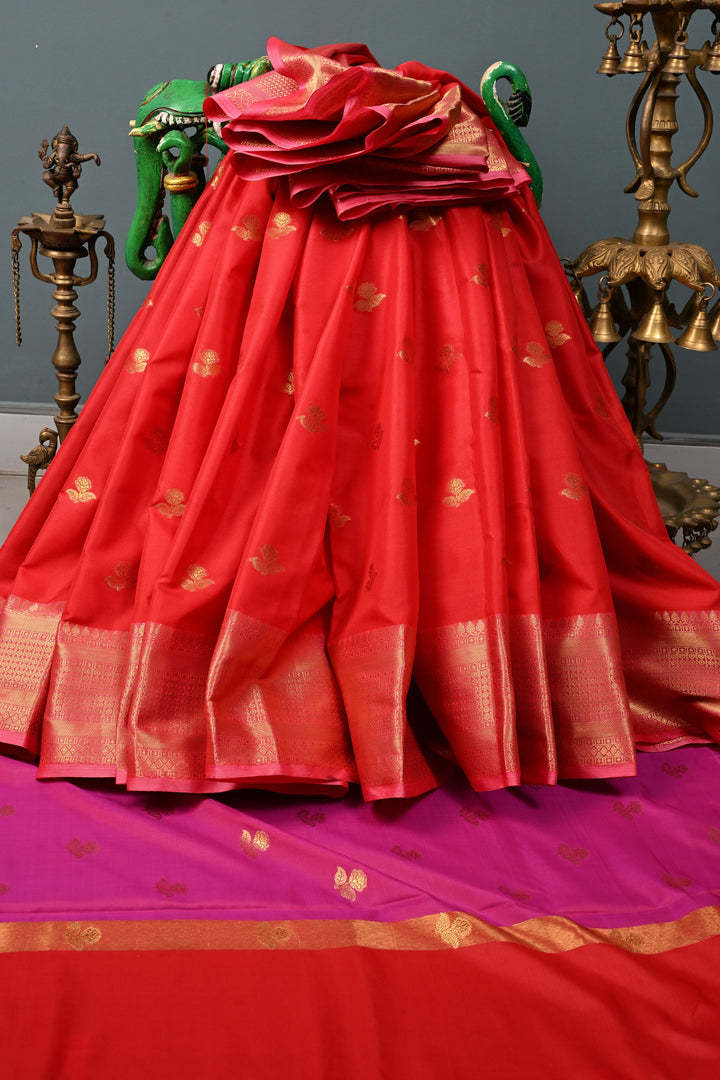 Red Kanjivaram Soft Semi Silk Saree with Zari Buttas and Zari Border | SHOBITAM