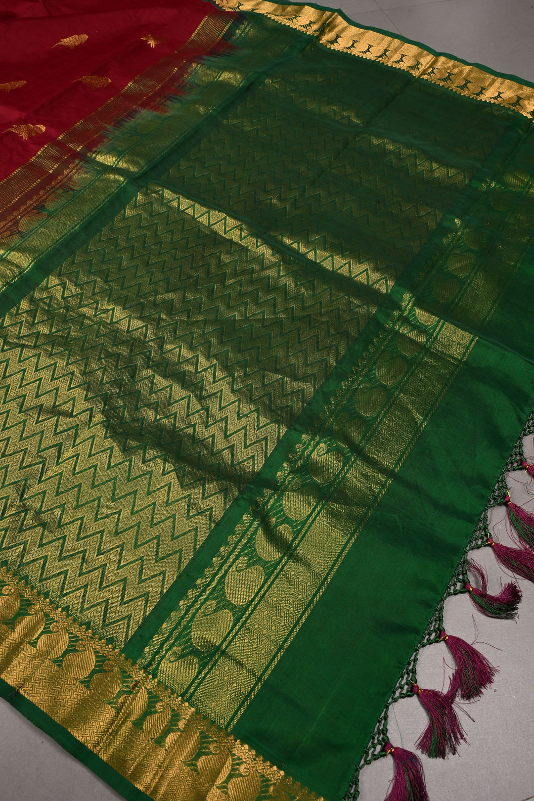 Burgundy Kanchi Silk Cotton 100% Handloom Saree with Parrot Zari Buttas and Contrast Zari Border | SHOBITAM