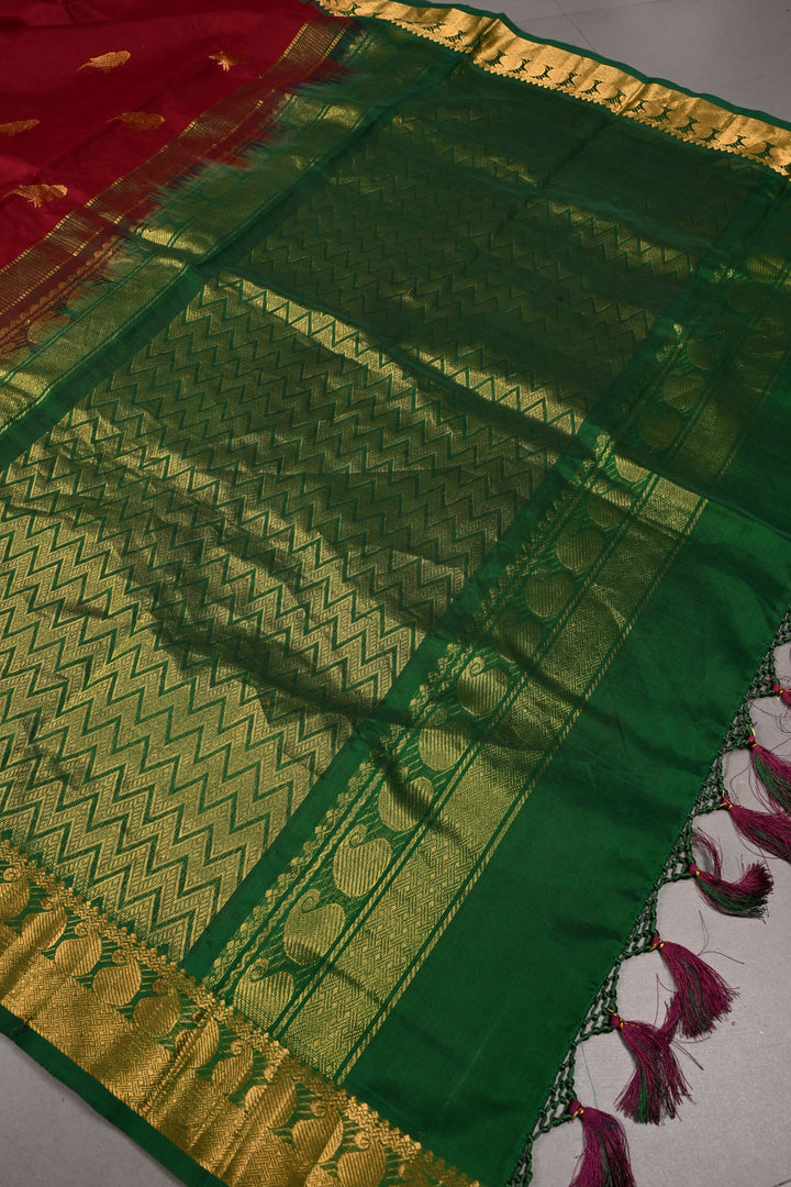 Burgundy Kanchi Silk Cotton 100% Handloom Saree with Parrot Zari Buttas and Contrast Zari Border | SHOBITAM