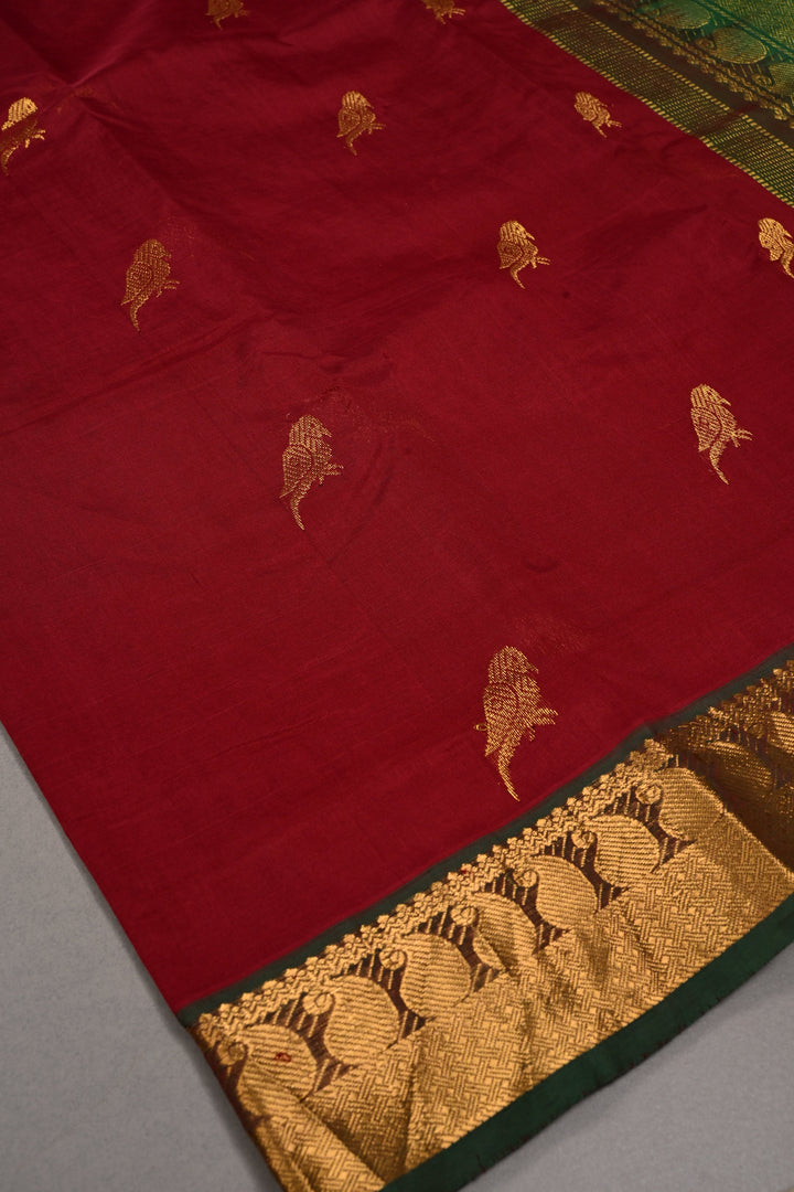 Burgundy Kanchi Silk Cotton 100% Handloom Saree with Parrot Zari Buttas and Contrast Zari Border | SHOBITAM